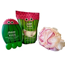RAW SUGAR Kids Watermelon Lemonade Bath Bundle: Body Wash/Bath Bomb/Loofah