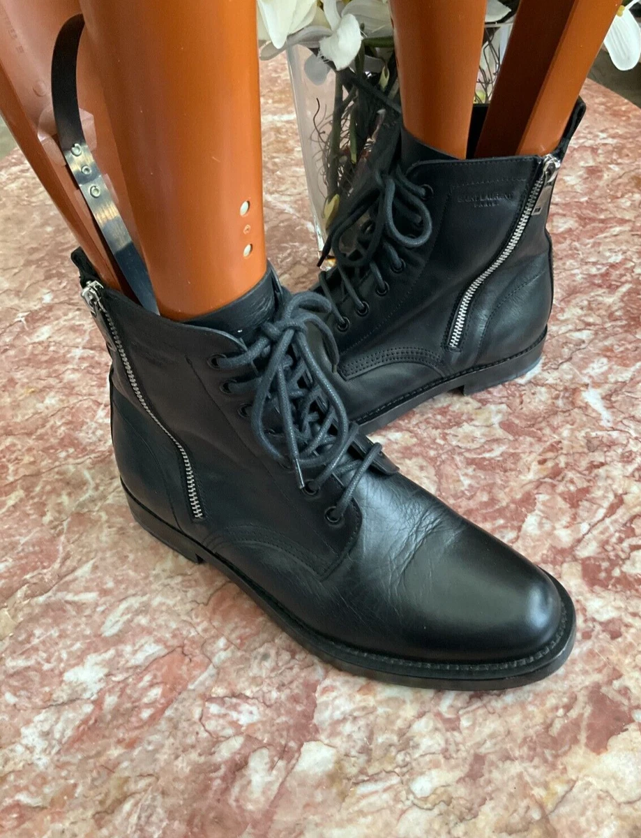 Saint Laurent Ranger Black Leather Zip Combat Ankle Boot Size 38.5