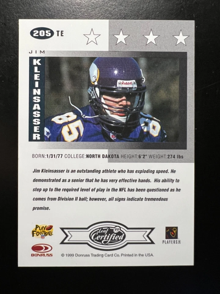 1999 Leaf Certified #205 Jim Kleinsasser RC Vikings  - Image 2 of 2