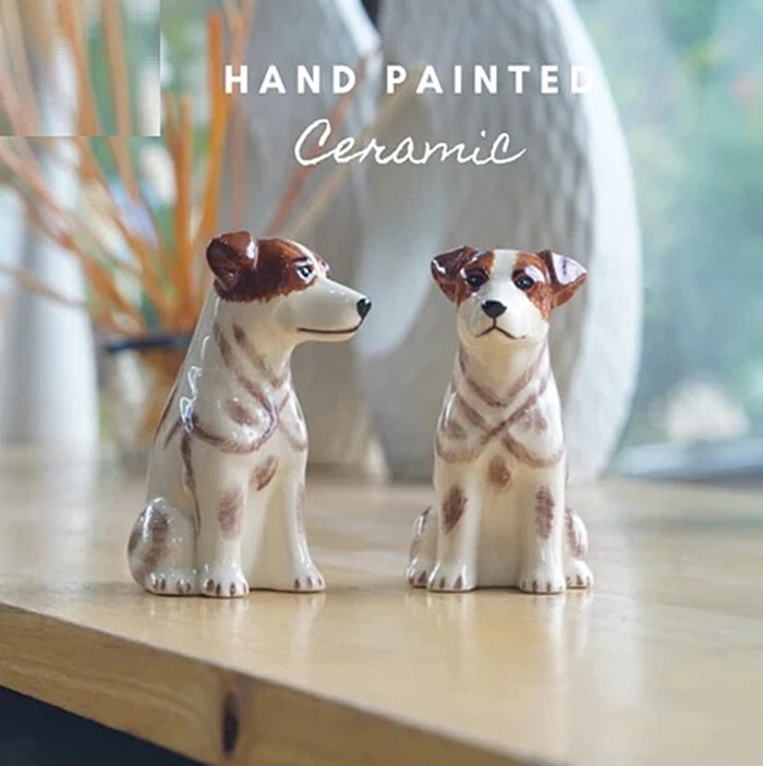 Set Dog Jack Russel Terrier Salt Pepper Shaker Ceramic Kitchen Collect Home Deco