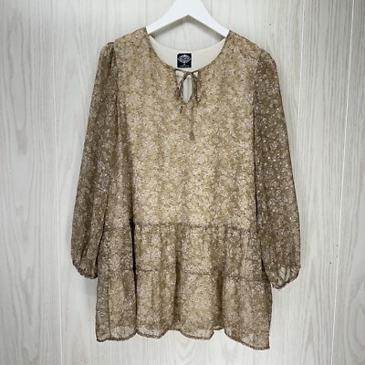 Cal Style Tunic Top Women Size M Beige Floral 3/4 Sheer Sleeves Tiered Tie Front