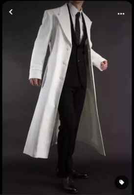 New Mens White Trench Leather Long Coat. Real Soft Lambskin Leather Long Jacket.