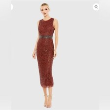 NWT Mac Duggal Dress 6 Brick Red Geometric Embellished Sleeveless A Line Beaded