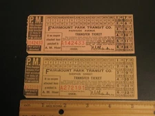 PHILADELPHIA FAIRMOUNT PARK TRANSIT TRANSFER TICKETS PARKSIDE & DAUPHIN TROLLEY