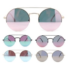 Hippie Color Mirror Round Circle Lens Metal Half Rim Double Bridge Sunglasses