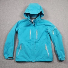 Descente Snowboard Jacket Womens Large Blue Hood Full Zip Ski Vented Coat DNA