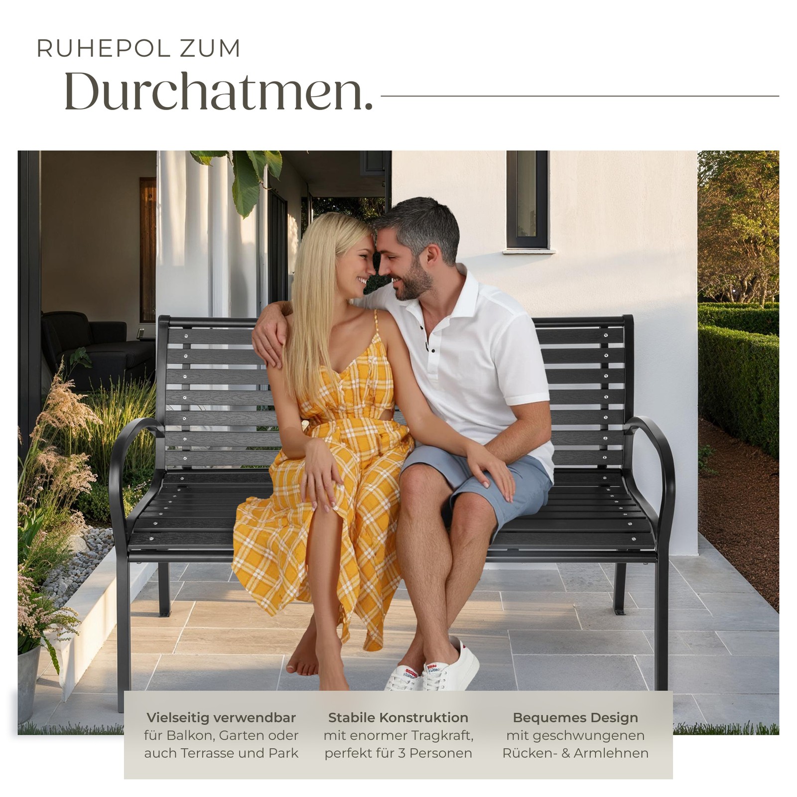 Gartenbank Metall 3-Sitzer Sitzbank Parkbank Bank Balkon Garten Möbel schwarz