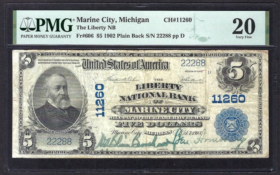 🇺🇸 MI 1902 $5  ♚♚ MARINE CITY, MICHIGAN ♚♚  PMG VERY FINE 20 SCARCE ! - Image 2 of 3