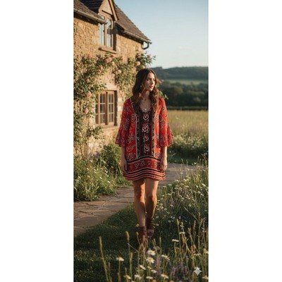Allison Brittney Dress Small Boho Bell Sleeve Peasant Hippie Floral Peasant