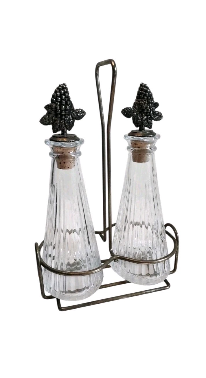 Vintage Crystal Oil & Vinegar Cruet Set In Silver Plated Caddy By Mikasa 