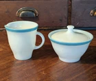 MCM Vintage Pyrex Turquoise Blue Rim Sugar Bowl W/ Lid and Creamer Set
