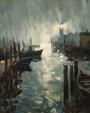 Foggy Harbor with Lighthouse | Impressionist Coastal Art Print Museum Art