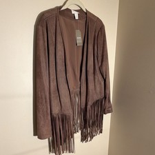 Chico's Dark Clay Fringe Open Mid-Length Basic Jacket 2, Long Sleeve
