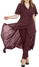 Mother of The Bride Pant Suits Lace Pant Suits for Women Dress V Neck plum color