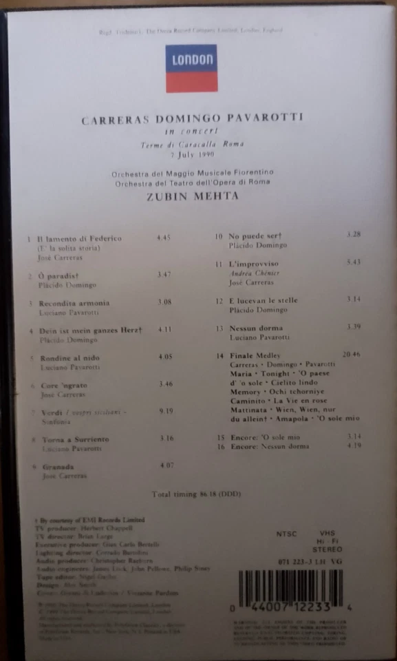CARRERA DOMINGO PAVAROTTI In Concert MEHTA Rome 1990 VHS Video NTSC 3 Tenors - Image 2 of 4