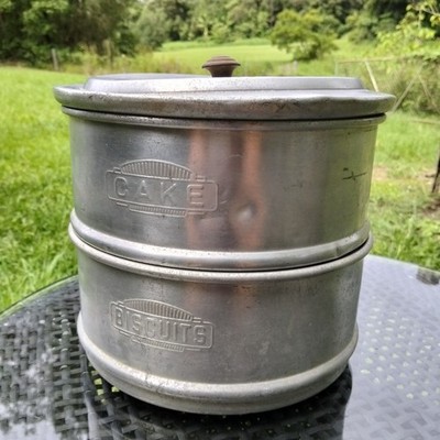 Vintage Aluminium 2 Tier Cake and Biscuit Tin Waratah Australia Embossed 1930's