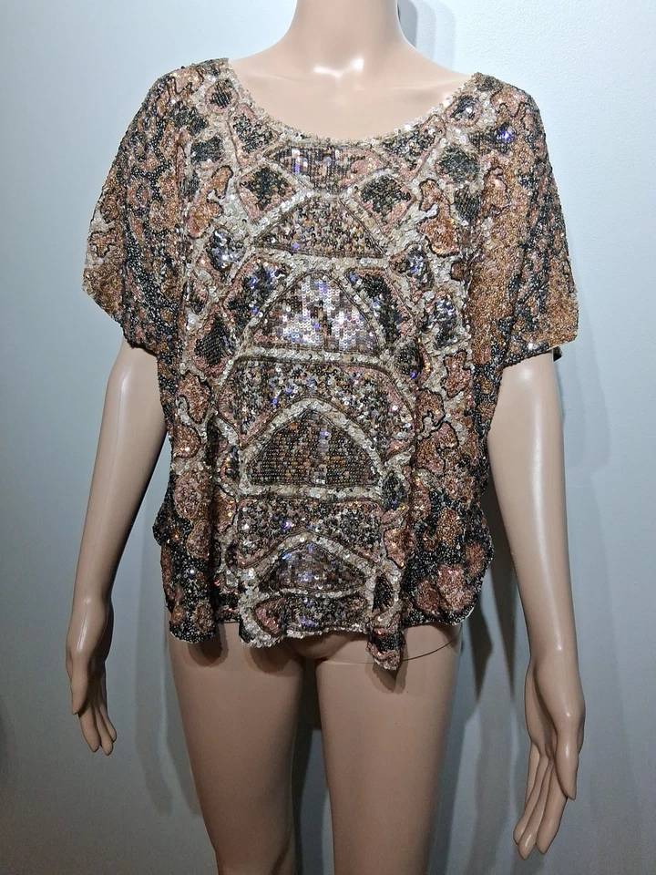 AllSaints Spitalfields Brown Viscose Sequin Top Hand Embellished Size 8-10 - Image 2 of 4