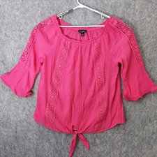 I.N. Studio Tunic Plus 1X Pink Crepe Crinkle Crochet Embroidery Festival Boho