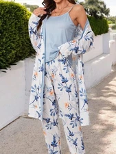 Women's Floral Print 3-Piece Pajama Set With Long Cardigan