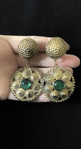 BNWT Vintage 80’s Gold and Green Clip On Drop Statement Earrings NEW - Picture 3 of 4
