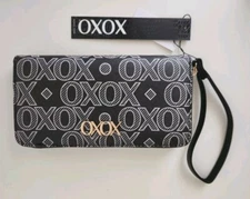 XOXO Women's Wristlet Zip Around Logo Wallet Black Faux Leather ORIGINAL