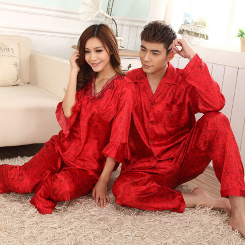 NEW Womens&Mens Silk Pajamas Set Sleepwear&Robes Nightdress Nightgown P050 L,XL - Afbeelding 1 van 10