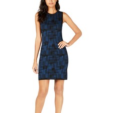 Anne Klein Blue Black Sleeveless Printed Sweater Tank Dress M
