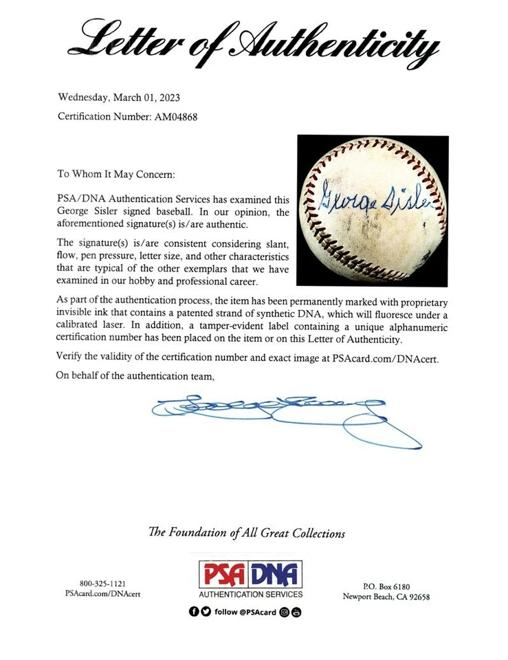 George Sisler Single Signed National League Baseball PSA DNA COA - Image 3 of 4