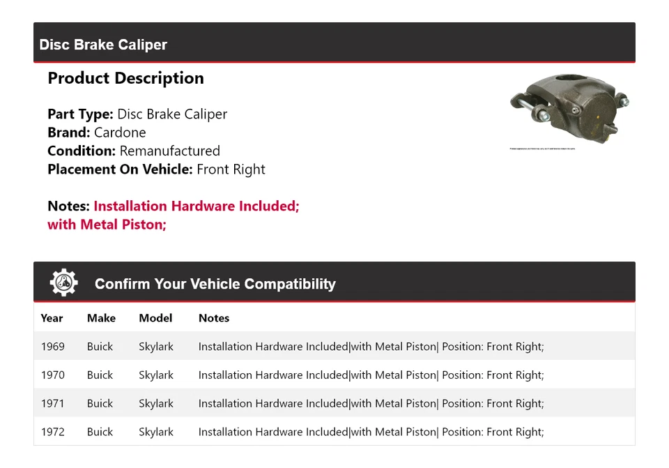 Pinza de freno de disco delantera derecha Cardone 1970 1971 para Buick Skylark 1969-1972 Foto 2 de 4