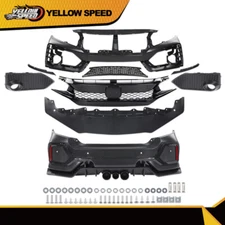 Front & Rear Bumper + Lip +Grille Set Black Fit For 2016-2021 Honda Civic Sedan