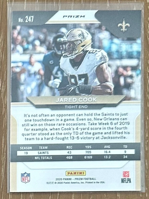 2020 Panini Prizm Jared Cook #247 Light Blue Parallel New Orleans Saints - Image 2 of 2