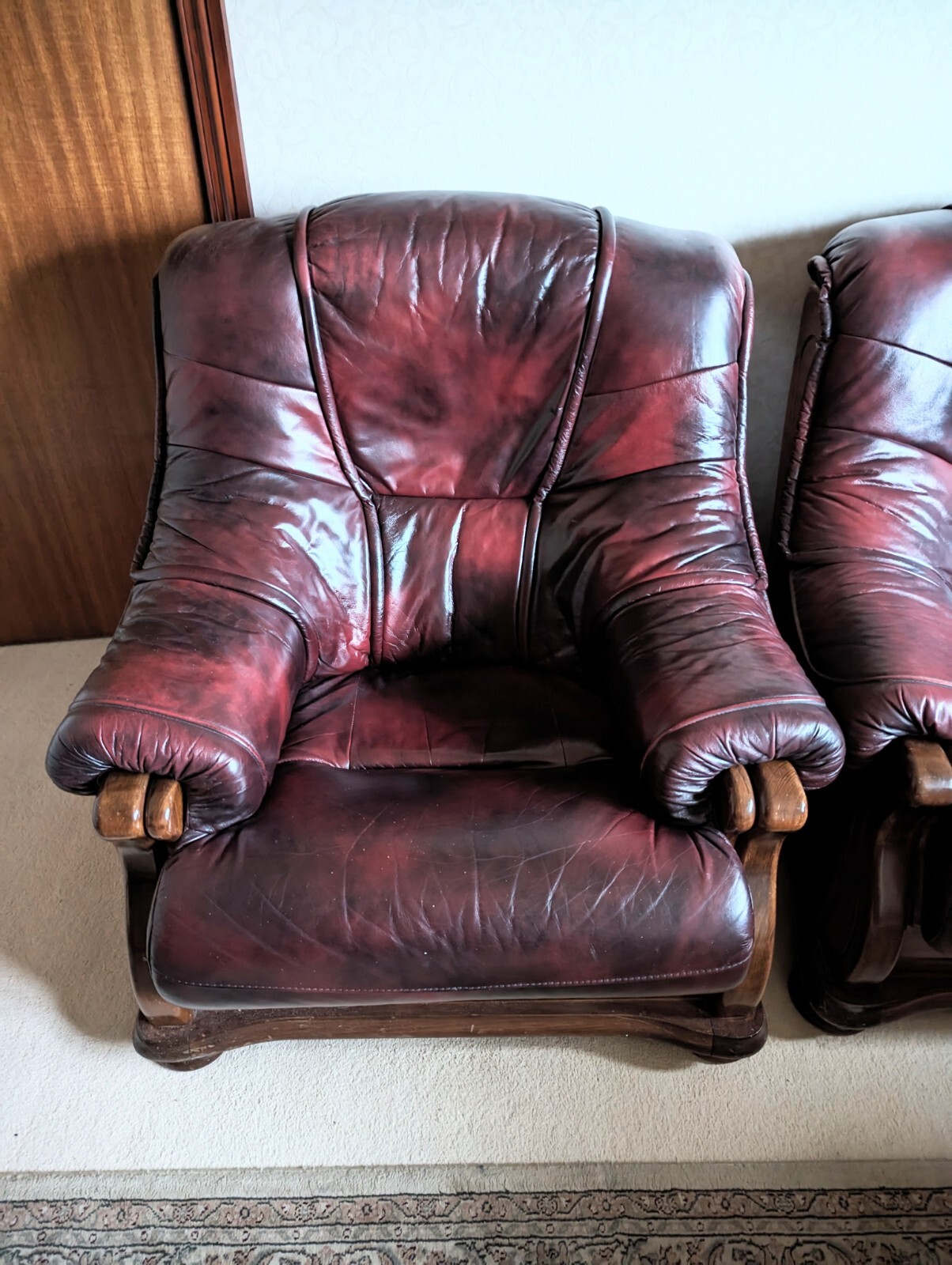 Pair Of Wooden Frame Oxblood Leather Armchairs eBay