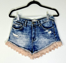 Free People Women's Denim Jean Shorts Size 26 Distressed Crochet Hem High Waist