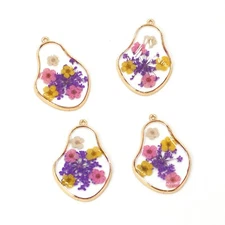 4PCS Gold Tone Real Dry Flower Resin Irregular Pear Charm Pendant Supply GBY807