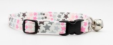 NEW HANDMADE BREAKAWAY SAFETY CAT COLLAR  Pink  Gray Stars  Cotton