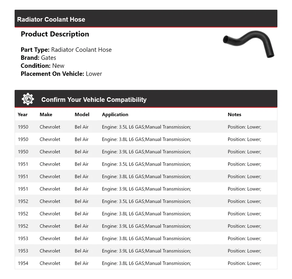 Manguera de refrigerante de radiador de aire para Chevrolet Bel 1950-1954 puertas inferiores 1951 1952 1953 Foto 2 de 4