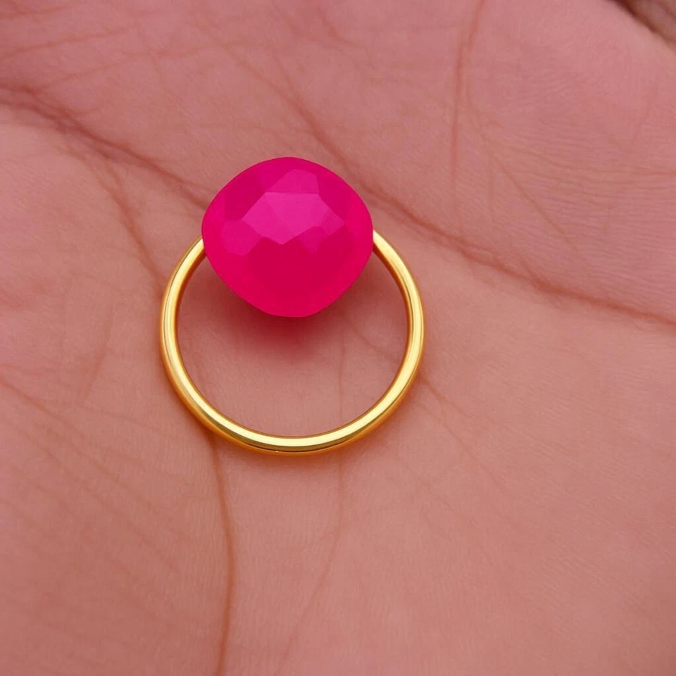 热卖 粉色 Chalcedony 戒指 镀金 多面靠垫 宝石 手工制作 珠宝 — 第 4/4 张图片