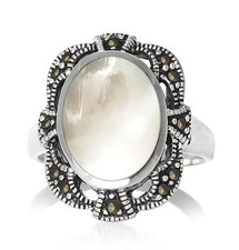 Mother of Pearl Marcasite 925 Solid Sterling Silver Oval Ring Size 6 - 10 NWT
