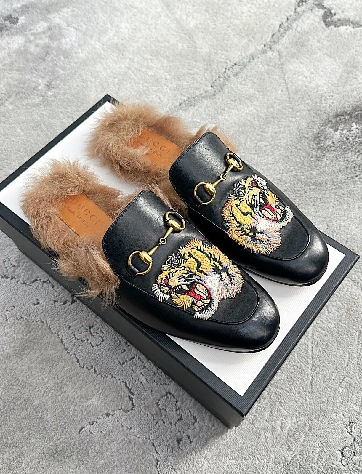 Authentique pantoufles/mule Gucci Tiger Princetown cuir fourrure homme US8,5 EU42 UK8