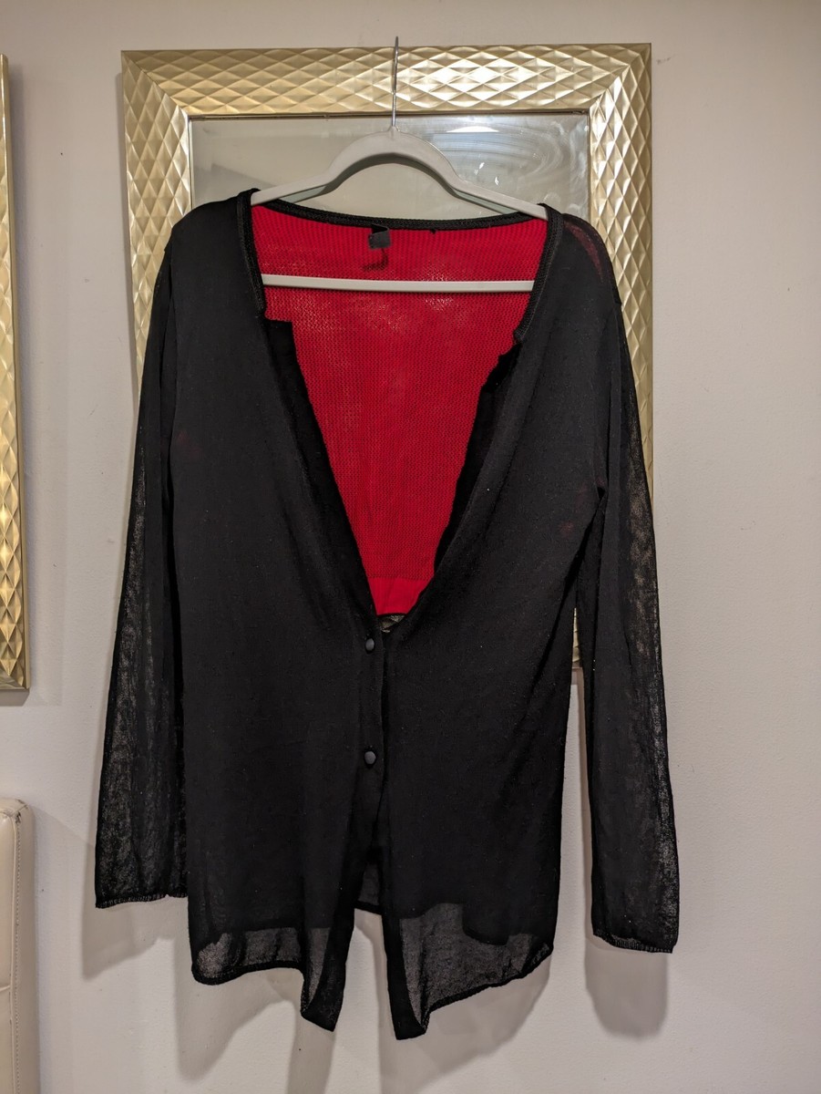 トップス costume national bondage cardigan Costume National Black and Red Knit Sheer Button Up Cardigan - M