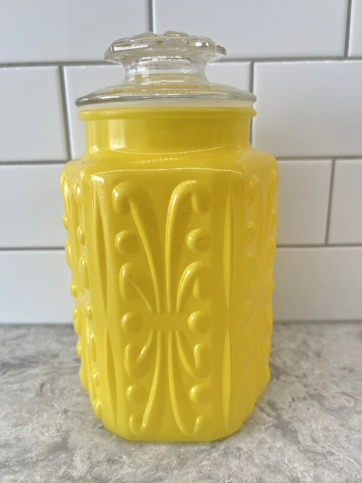 RARE IMPERIAL GLASS YELLOW ATTERBURY SCROLL CANISTER With Lid