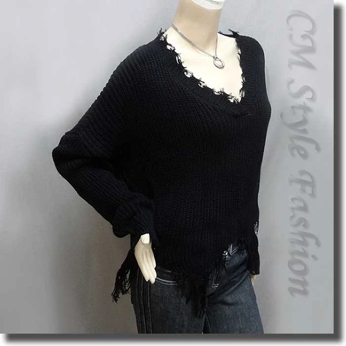 Suéter Pullover Acanalado Tejido Grunge Triturado Cuadrado con Rasgaduras Top Negro M Foto 4 de 4