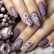 24pcs Purple Grey Floral Femme Coffin Nail Tips Finished Boxed Nails Glue & Tabs