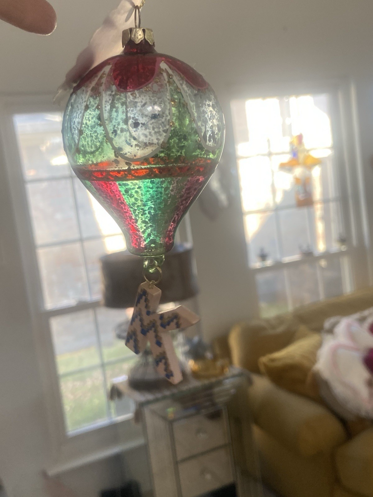 Anthropologie Glass Hot Air Balloon Monogram Letter K Ornament  With Orig Tag