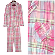 LRL Ralph Lauren Collar Classic Pajama Set Pink Green Plaid M Black Label