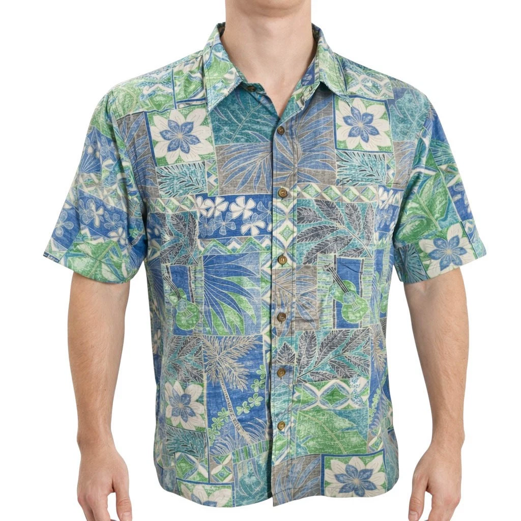 Cooke Street Hawaiian Aloha Shirt Large Palm Trees Flowers Ukuleles Blue Green