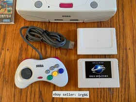Sega Saturn white Japanese console system in box + 2 games + Pseudo memory cards