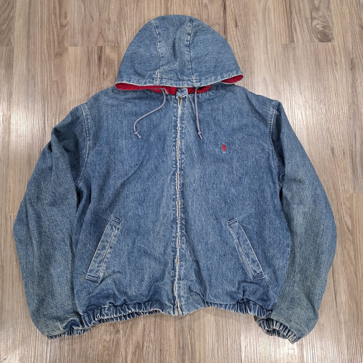 vtg Polo Ralph Lauren Jacket Size L Blue Denim Jean Hooded Red