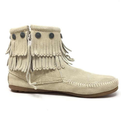 Minnetonka Double Fringe Moccasin Boots Shoes Womens Size 8.5 Beige Suede - Picture 8 of 9