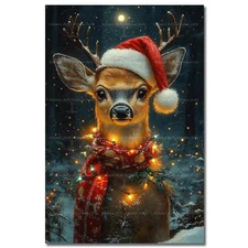 DEER SANTA HAT ART PRINT, Fantasy Animal Christmas Poster, Holiday Gift Decor